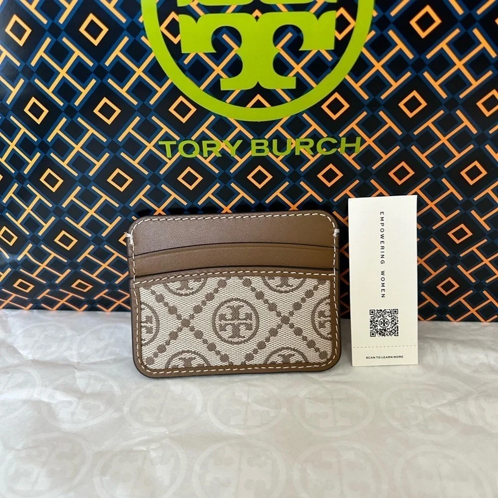 Tory Burch T Monogram Jacquard Card Case Hazelnut Gold Tan Brown